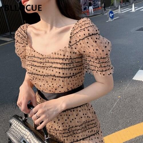 BLLOCUE Retro Polka-Dot Mesh Lace Dress Women Short Sleeve Square Collar Sexy Backless Stretch High Waist A-line Dress