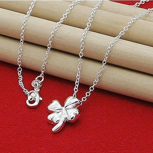 925 Sterling Silver Solid Four Leaf Clover Necklace Flower Pendant Necklace 18 Inch Necklace Womens Wedding Strap Party Jewelry