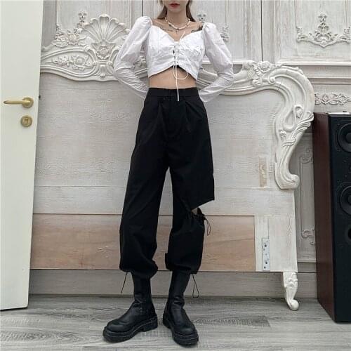 Black Cool Women Cargo Pants Sport Ankle-length Trouser Punk Stretch Waist Drawstring Shir One Side Hollow Out Rock Outdoor Lady