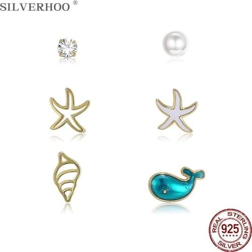 SILVERHOO 925 Sterling Silver Cute Whale Conch Sea Star And Round Zircon Pearl Earrings Sets For Women Golden Tiny Stud Earring