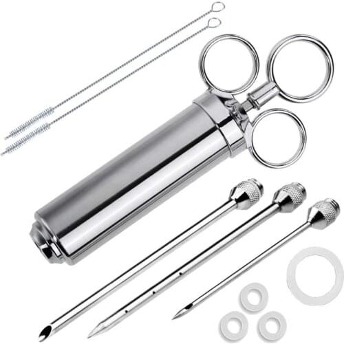 HLZS-Meat Injector Syringe, 2-oz Marinade Flavor Injector 304 Stainless Steel with 3 Professional Needles,2 Cleaning Brushes and