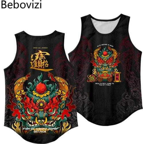 Japanese Style Demon Print Tank Tops Fashion Sleeveless Shirt Sportswear Vest Casual Singlet Plus Size Mesh Tops Hip Hop Men