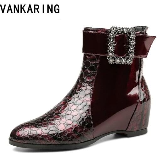 Autumn winter boots women ankle boots print leather wedge high heel pointed toe fashion buckle crystal female party short boots