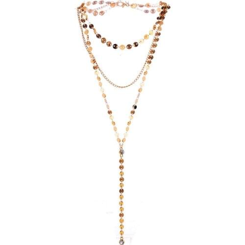 Stainless Steel Sexy Multilayer Sequins Chain Tassel Crystal Pendant Necklace For Woman Y Shape Disc Choker Necklace