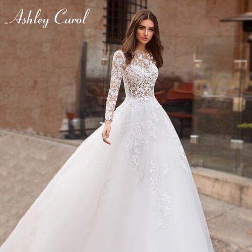 Long Sleeve A-Line Wedding Dress 2021 Illusion Appliques Scoop Tulle Button Ashley Carol Beach Boho Bridal Gowns Robe De Mariage