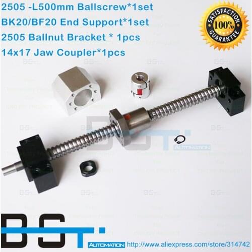 RM2505 Ballscrew 500mm+ SFU2505 Ballnut + BK20 BF20 End Support + 2505 Ballnut Housing + 14*17mm Jaw coupler