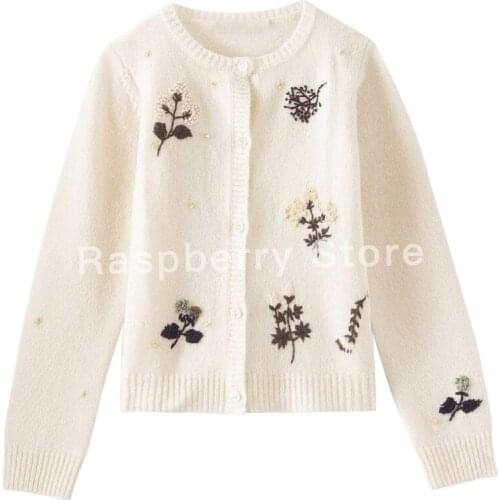 Pre-sale October 1st Girls Embroidered Wool Cardigan Milk White BP Style 100%Wool Warm For Fall 2021