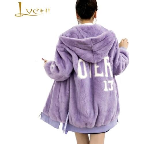 LVCHI 2019 Winter Mink Fur Coat Real Fur Coats Women Full Pelt With Fur Hood Print Letter Loss Full Sleeve Short Mink Fur Coats