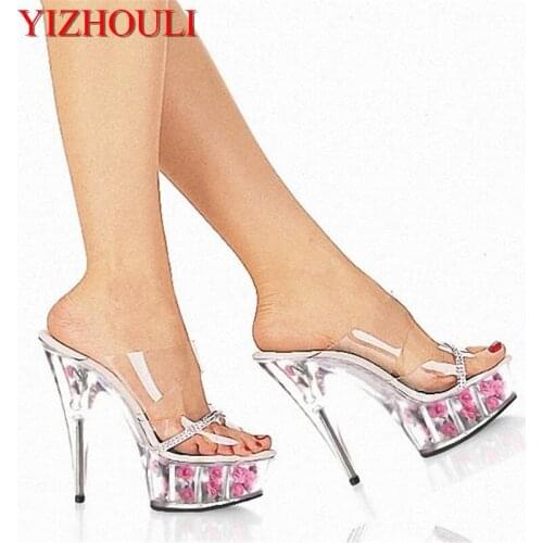 15cm Thin Heels High-Heeled Shoes Performance Shoes Rose Crystal Slippers 6 Inch Lovely Flowers High-Heeled Stripper Shoes