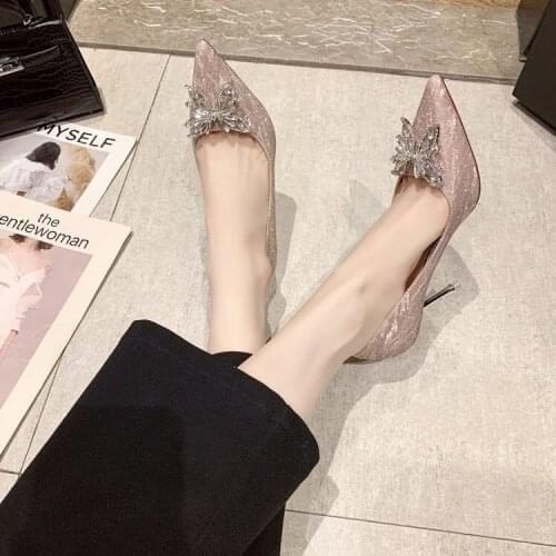 Free Shipping-fairy Style Female High Heels 2021 Spring Korean Sexy Temperament Pointed Rhinestone Bow Womens Shoes