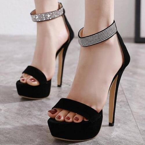 Women sandals Flock Slip On 14CM Thin Heels High heels Round Toe Rhinestones Shallow waterproof women shoes size 35-42 black