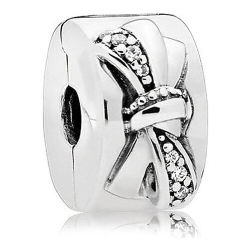 100% 925 Sterling Silver Charm Round Bow Clip Fit Pan Women Bracelet & Necklace Diy Jewelry