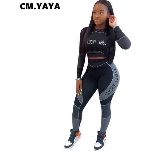 CM.YAYA Lucky Label Print Womens Set Long Sleeve Tee Tops Legging Pants Set Ribbed Tracksuit Two Piece Outfit Active Sweatsuit