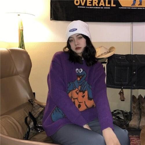 21 Autumn Preppy Style Korean Cartoon Print Sweaters Women O-Neck Loose Trend Pullover Lazy Wind Purple Sweaters Female LD2143