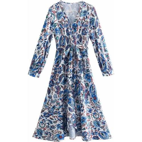 YENKYE Autumn Women Vintage Print Boho Long Dress Elegant Ladies V Neck With Belt Holiday Casual Dress A-line Vestido