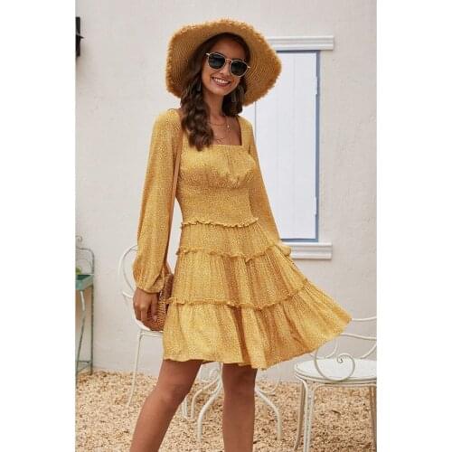 WYBLZ 2021 Spring Summer Women Floral Print Mini Dress Sweet Girl Square Collar Full Sleeve Slim Waist Ruffles A-Line Dresses