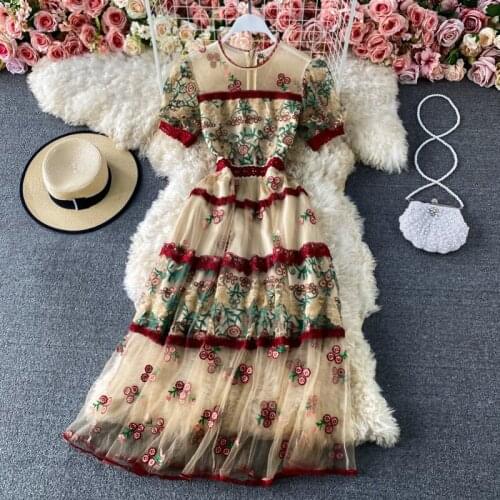 Womens dress 2021 summer new style mesh embroidery stitching lace dress elegant puff sleeve fashion printing long dress