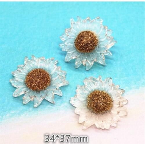 10pcs 34*37mm Cute Resin Gold Foil Stamen White Transparent Flower FlatBack Cabochon DIY Scrapbook Hair Clip Accessories