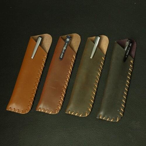 16x4.3cm top-grade business travel holding 2-pens genuine leather pen bag pencil bag stationery organizer for men women 1138