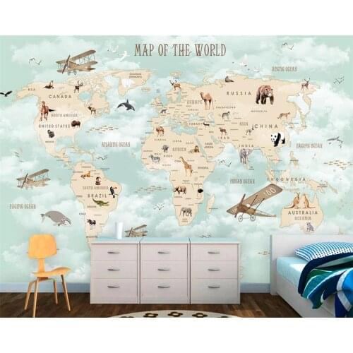 Beibehang Custom Children Room Wall 3d Wallpaper Cartoon Airplane Sailing Animals World Map Background Wall 3d wallpaper tapety