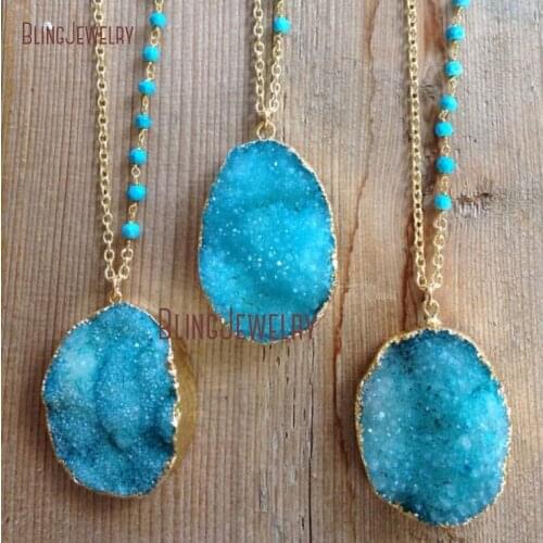 Turquoises Blue Druzy Pendant Necklace Robins Egg Drussy Charm Wire Wrapped Beads Rosary Chain Necklace NM24416
