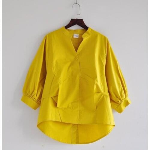 Blouses Back Split Button Shirts Ladies Tops Summer Korea Fashion Women White V-Neck Shirt Plus Size Lantern Sleeve Loose