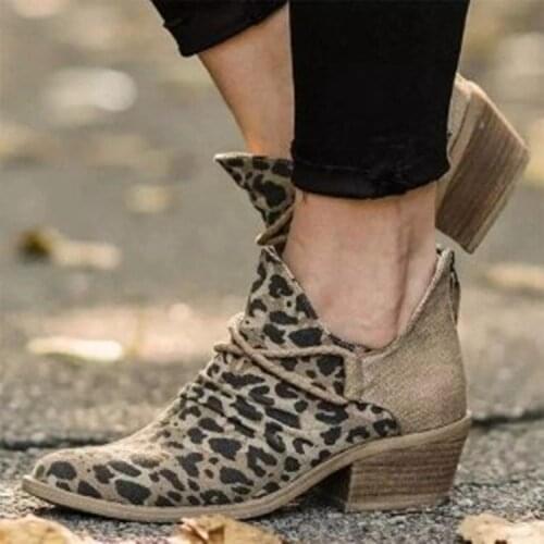 Women Footwear Autumn Leopard Canvas Shallow Ankle Boots 2021 Casual Ladies Zip Mid Heels Pointed Toe Female Woman Flats Shoes