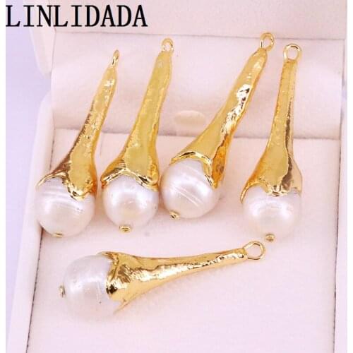 10Pcs Gold Electroplated Natural Freshwater Pearl Drop Charms Pendant Beads For Jewelry Making