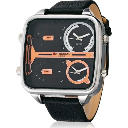 Dual Times Military Watches Men Quartz Wrist Mens Watches Leather Strap Square Big Case Sports Wristwatches Relogio Masculino