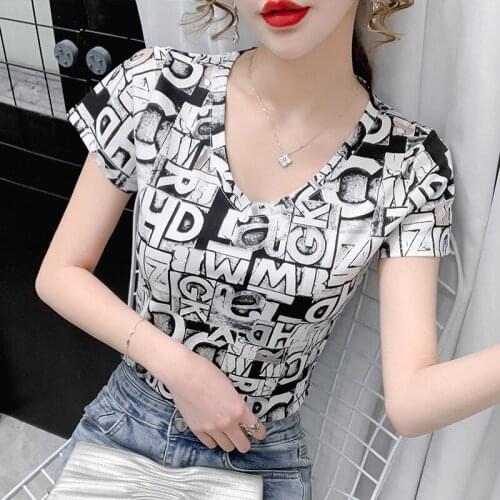 2021 Summer Womens T-shirt Sexy Mesh Hollow Woman T Shirt Short Sleeve V-neck Tops Female Streetwear Chic Letters Ladies Tees
