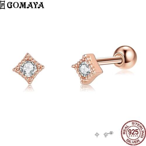 GOMAYA Square Shape 925 Sterling Silver Small Stud Earrings For Women Clear Cubic Zirconia Earring Female Wedding Fine Jewelry
