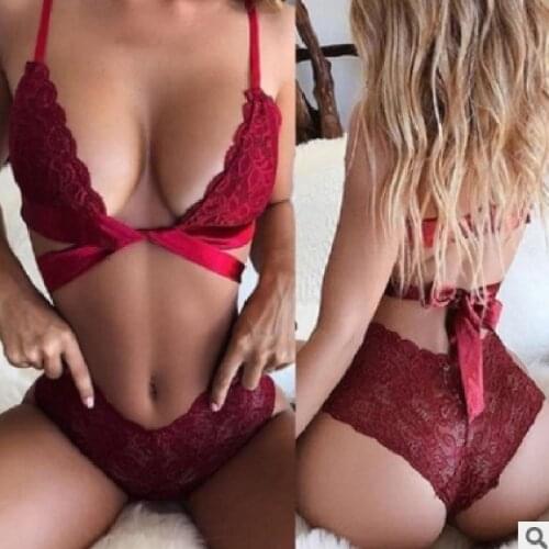 Hot Sale Sexy Lace Briefs Fun Set New Womens Wear Hanging Neck Strappy Vest Red Black Bra&Pants Suit XXL XL L M