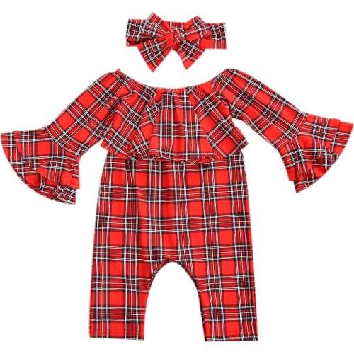 Baby Girl’s Trumpet Sleeve Jumpsuit Autumn Fashion Plaid Round Neck One Piece Long Pants and Headband Clothes Set