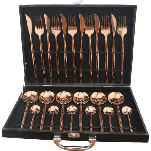 24Pcs Rose Dinnerware Set 304 Stainless Steel Mirror Tableware Set Knife Fork Spoon Tea Spoon Cutlery Silverware With Gift Box