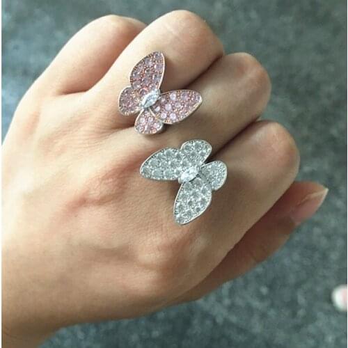 Fashion luxury brand party jewelry two butterfly ring full of cz zircon pink yellow stone middle finger ring replica jewelry