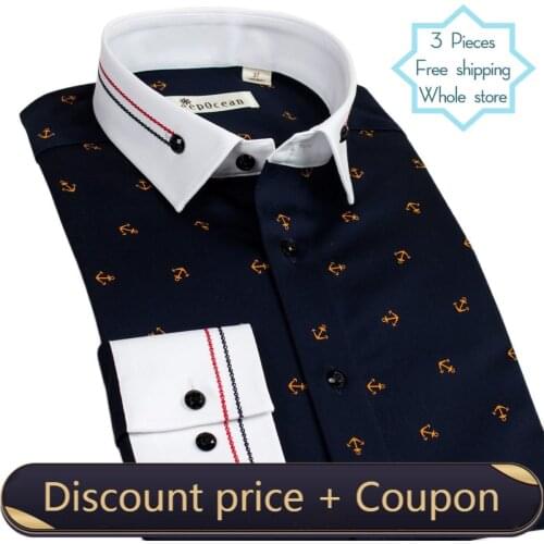 DEEPOCEAN Men’s Shirt Sea Anchor Print Mercerized Cotton Long Sleeve Business Blouse Korean Style Slim Fit