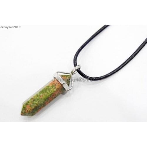 Natural Unakite Gems Stones Hexagonal Pointed Healing Reiki Chakra Pendant Black Leather Cord Necklace 18''lnch 5 Sets/Pack