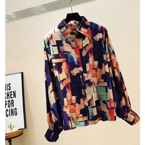 2020 Autumn New Retro Hong Kong Style Loose All-match Printed Shirt Womens Long Sleeve Top Outer Wear UK347