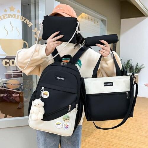 4 pcs sets Casual Backpacks canvas Schoolbags For Teenager Girls Women Backpack Contrast Color Kawaii Student Kids Shoulder Bags
