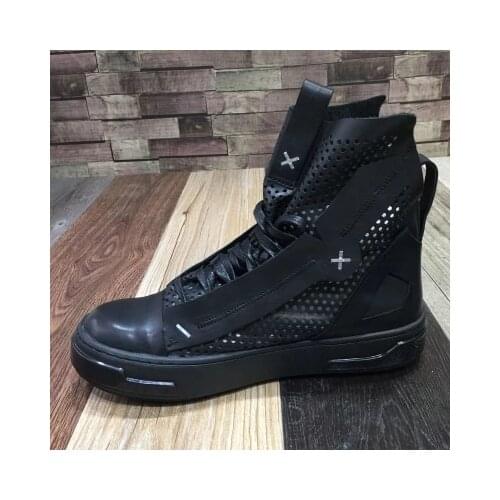 Summer mens high top hole shoes breathable mesh mens sandals Roman lace-up Genuine leather sports shoes