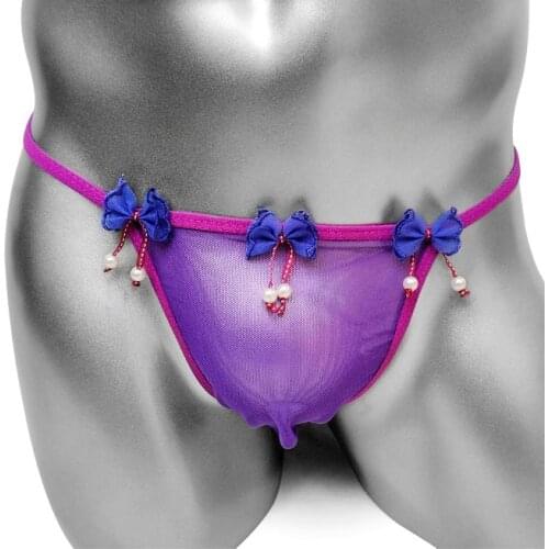 Sissy Mesh Thong See through Panties WITH Bow Sexy Gay Bikini Penis Pouch Underwear Thong T Back Cute Male G String Underpants
