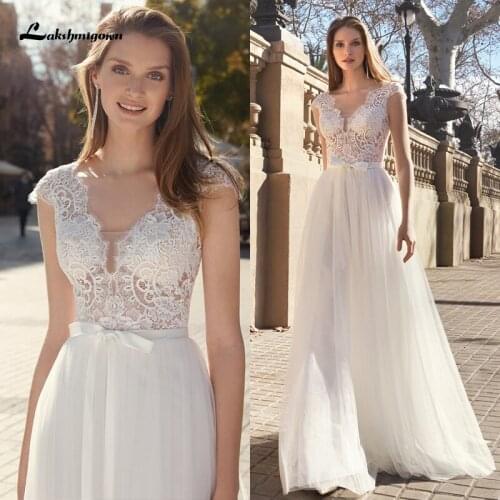 Lakshmigown Boho Wedding Dresses V Neck Cap Sleeve A Line Lace Beach Bridal Gowns Custom Bohemian Wedding Dress vestido de novia