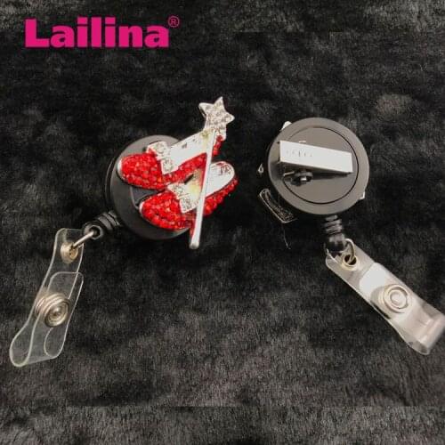 Retractable Badge Reel Silver-tone Red Crystal Heel Shoes and Star Wand and Bow ID Card Badge Holder