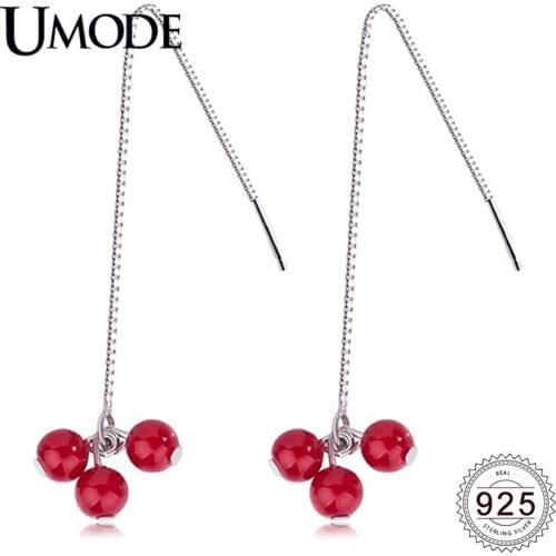 UMODE 2019 New 925 Sterling Silver Red Agate Cherry Long Drop Earring for Women Birthday Box Chain Silver Jewelry Brinco ALE0642