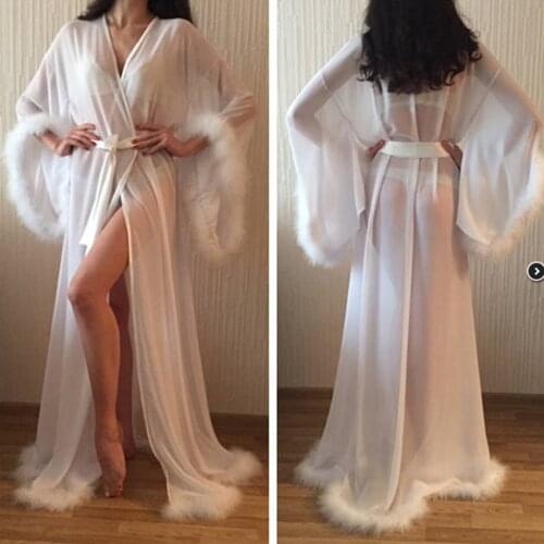 Womens Feather Bathrobe Wedding Shawl Long Wedding Scarf Illusion Chiffon Bridal Robe Sleepwear Dressing Gown Maternity Dress