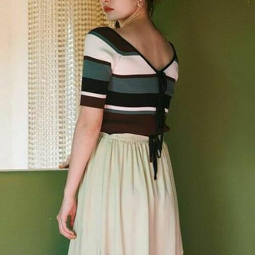 Office Lady Sexy Slash Neck Pullovers Backless Lace Up Bow Slim Crop Tops Summer 2021 Chic Elegant Half Sleeve Knitted Tshirt