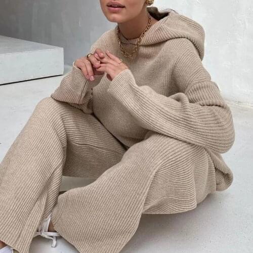 2020 Sweater Set Women Tracksuit Spring Autumn Knitted Suits 2 Piece Set Warm Hoodies Sweater Pullovers Wide Legs Pants