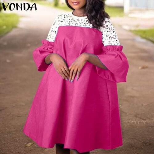 Women Lace Dress Summer Party Mini Dresses VONDA 2021 Holiday Sundress Sexy Flare Sleeve Pleated 3/4 Sleeve Vestidos Femme Robe