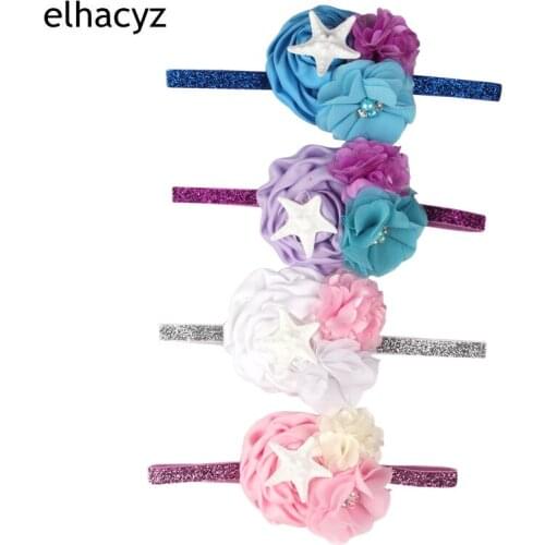 10pcs/lot Starfish Mermaid Headband Girls Shabby Chiffon Flower Glitter Elastic Hairband Kids Satin Rose Flower Hair Accessories