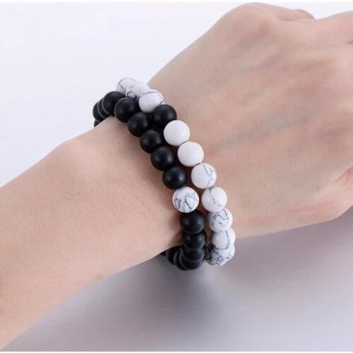 2PCS/Set Lovers Lava Beaded Bracelets Natural Stone White Black And Red Classic Beaded Bracelets For Men Women Adjustable